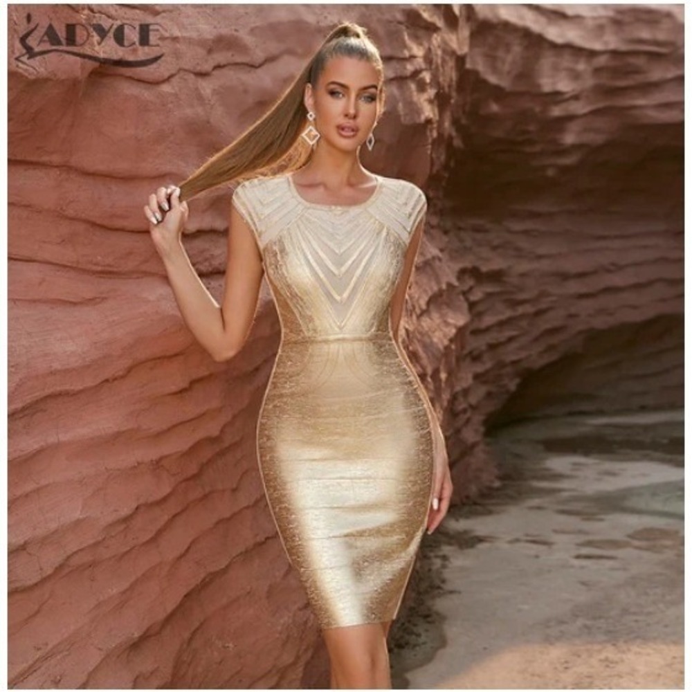 Adyce Metallic Mesh Bodycon Midi Dress Womens XS Gold Stretch Cocktail Night Out
